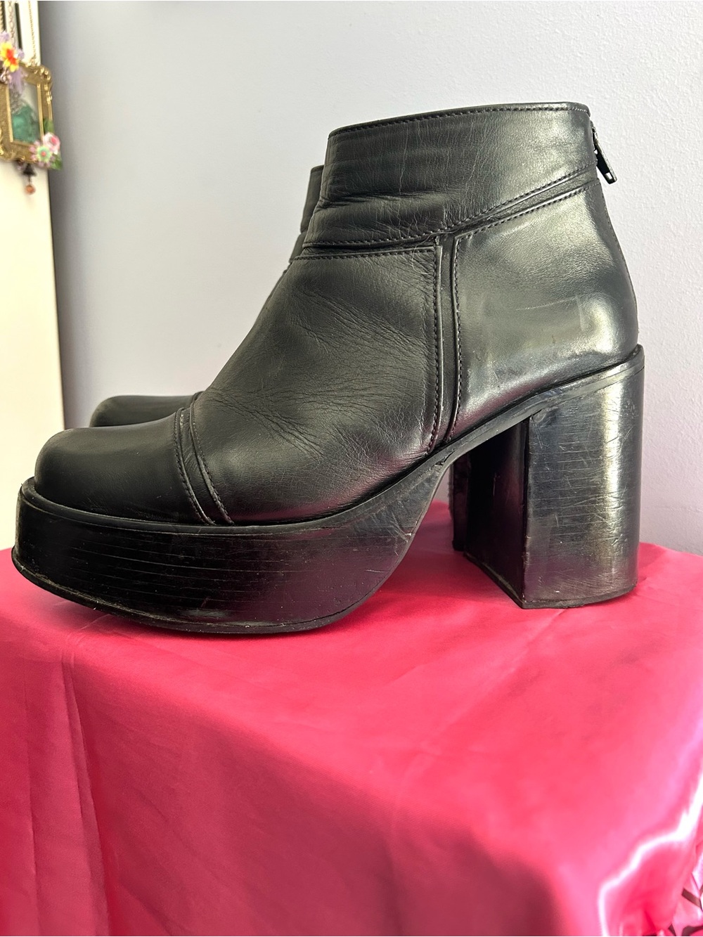 Rotunda Chunky Platform Ankle Boots Black Leather Women's 8 Back Zipper - Picture 5 of 9